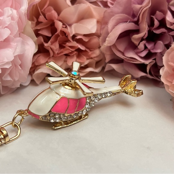 Whimsical Pink and White Crystal Helicopter Keychain Charm - Picture 4 of 16